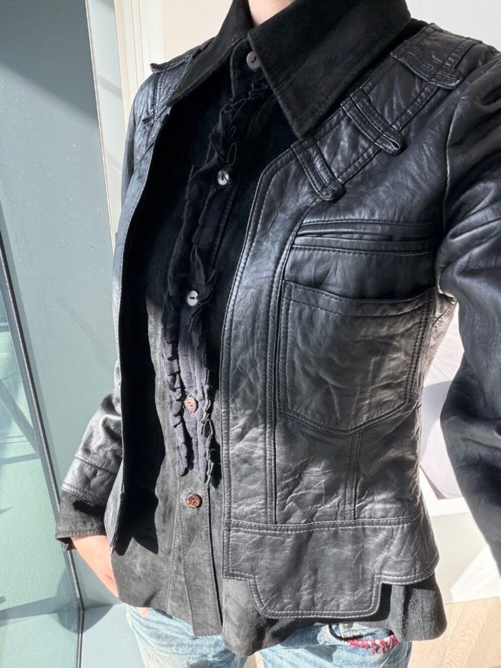 Black Genuine Sheepskin Leather Moto Jacket S